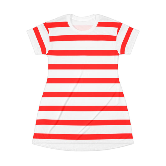 Chic Fourth of July nautical T-shirt dress with striking red stripes—festive, comfortable, and great for holiday gatherings.