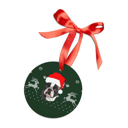 boston terrier christmas ornament wearing Santa hat hanging on festive tree with holiday lights
