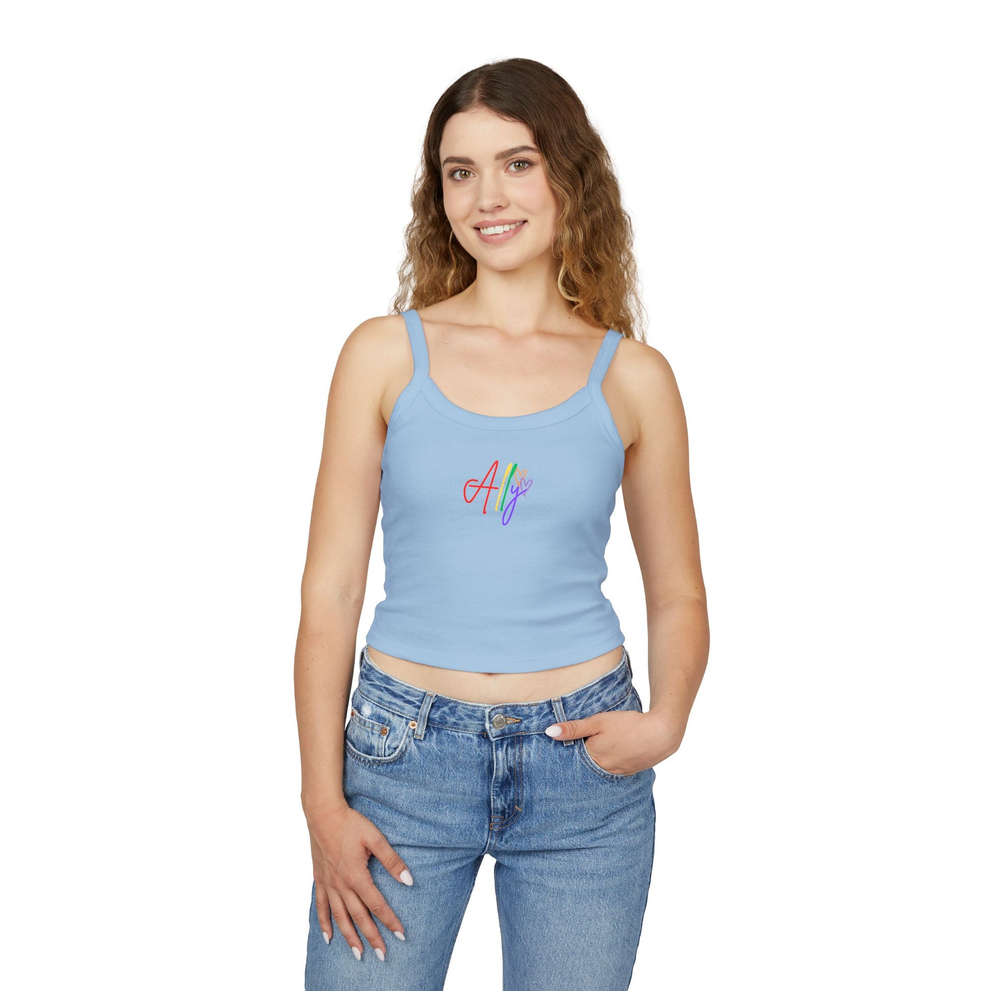 Bright & Bold Rainbow Ally Tank Top – A pastel blue tank featuring vibrant cursive "Ally" in rainbow colors, making a strong statement for love and unity.