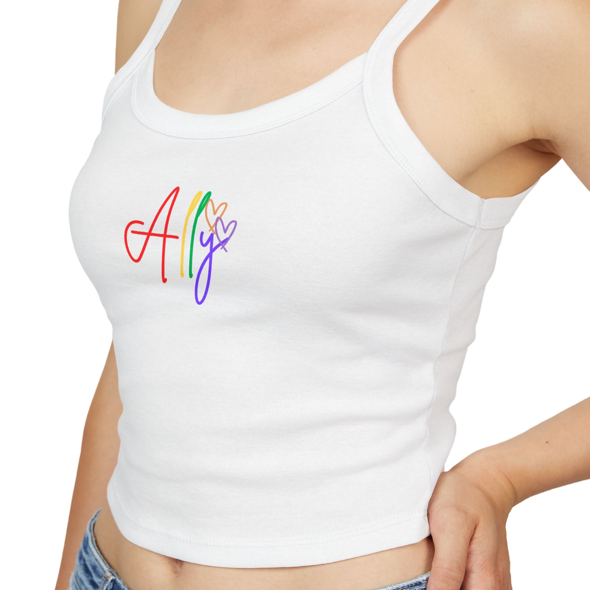 Bright & Bold Rainbow Ally Tank – A fresh white tank with colorful cursive "Ally," celebrating inclusivity and LGBTQ+ pride with a classic look.