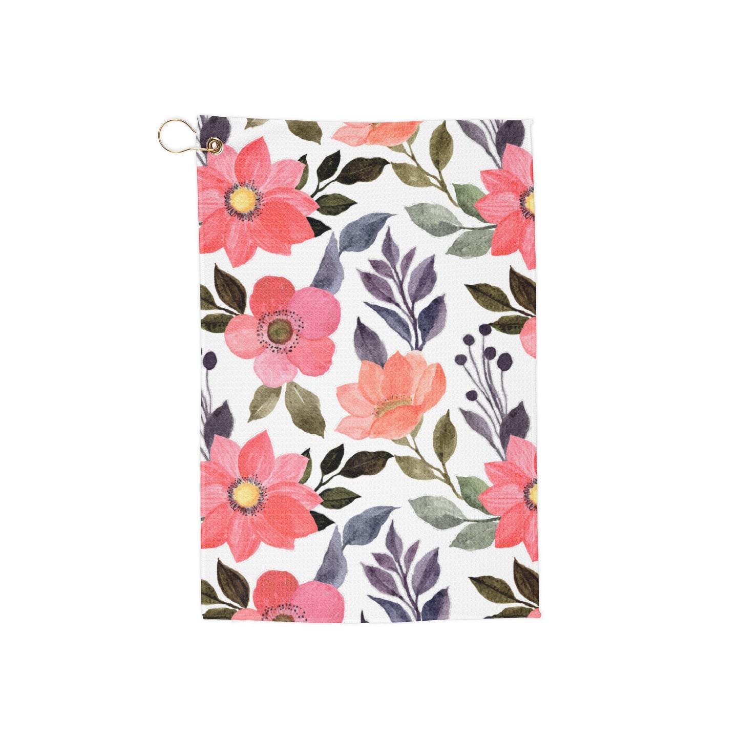 A high-energy pink floral golf towel bursting with bold, lively blooms. Eye-catching, vibrant, and perfect for golfers who love playful designs.