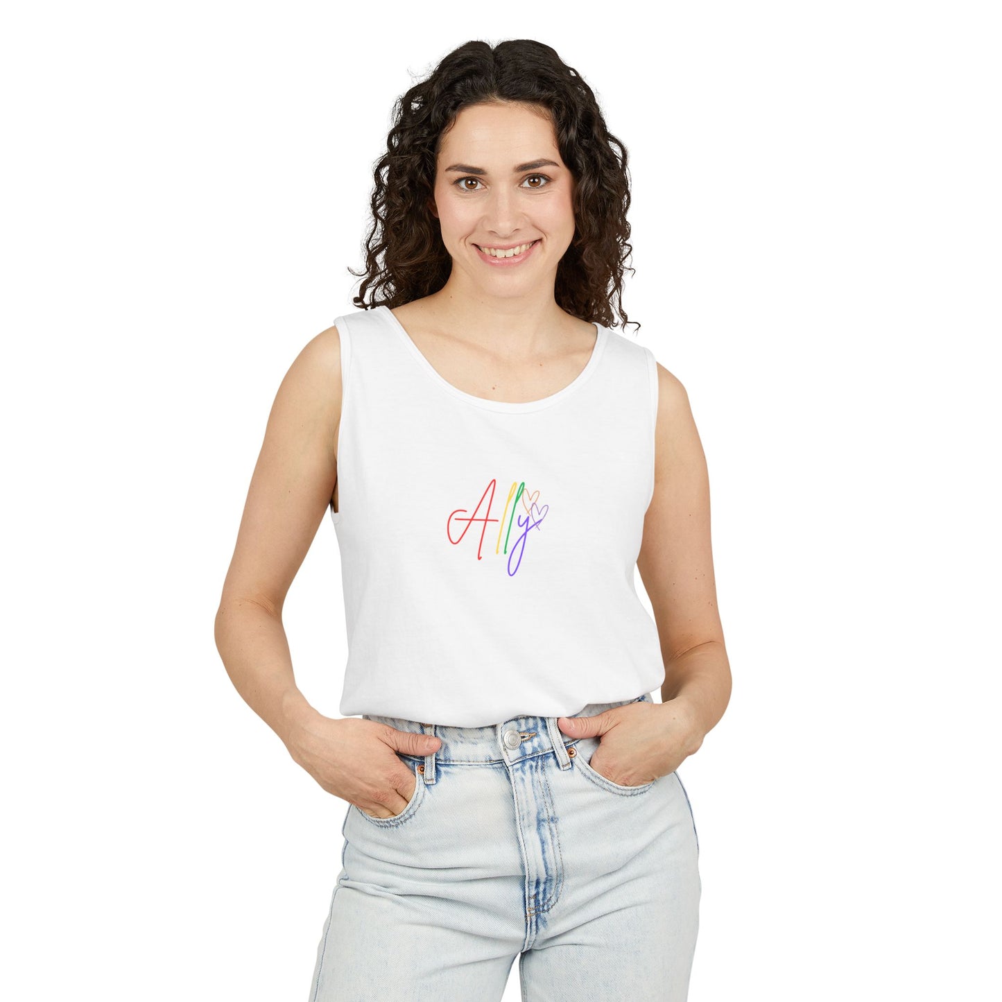 Bright White Rainbow Ally Tank – A stylish white sleeveless tank with vibrant cursive "Ally," celebrating inclusivity, love, and unity