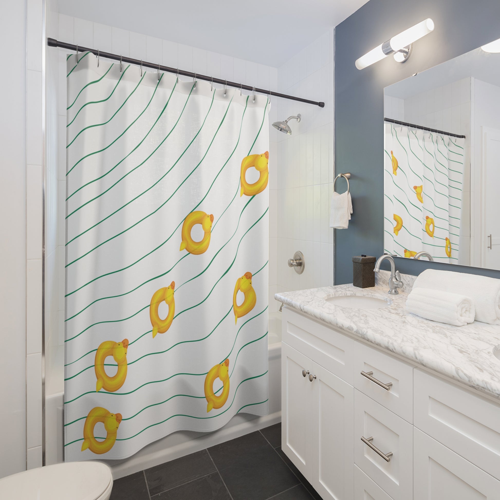 Playful bathroom curtain with duck illustrations and vintage-style lines, perfect for student apartments