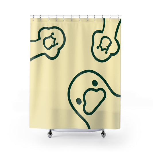 Butter yellow shower curtain featuring duck and ‘What You Ducking Looking At?’ phrase for college dorms