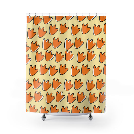 Butter yellow shower curtain with retro duck and webfoot design for college dorm bathrooms