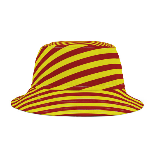 Cardinal and gold striped bucket hat styled for USC gameday girls—retro-inspired, breathable, and perfect for tailgates or campus strolls