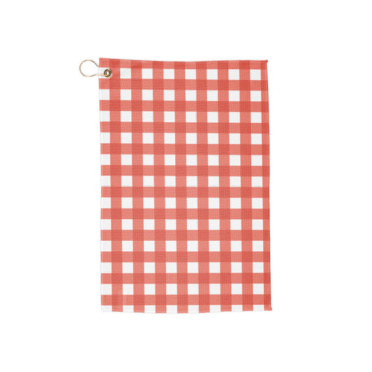 A vintage-inspired red gingham golf towel with eye-catching cherry tones. Classic, bold, and packed with nostalgic charm.