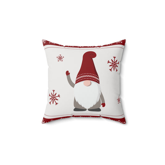 Flat lay of red and white Christmas throw pillow with cute gnome design, displayed on a soft surface with holiday decor