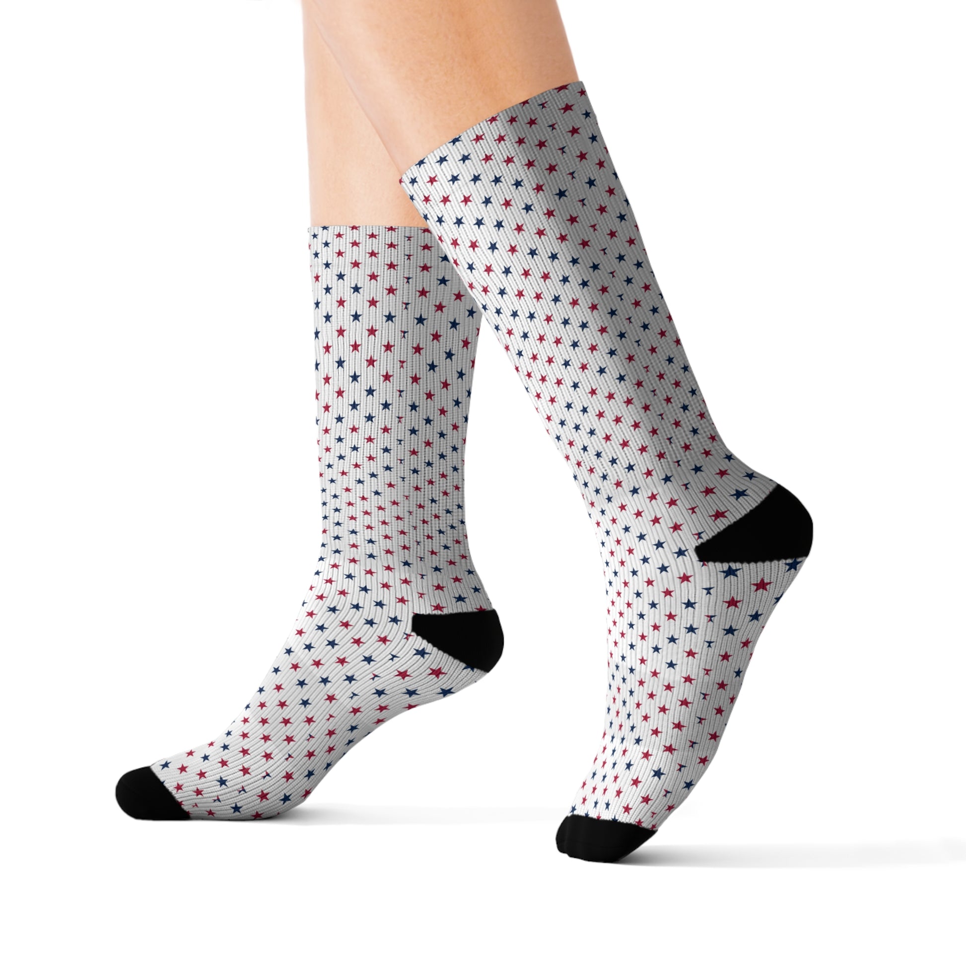 Classic crew socks with red, white, and blue stars—stylish, patriotic, and perfect for summer barbecues and fireworks