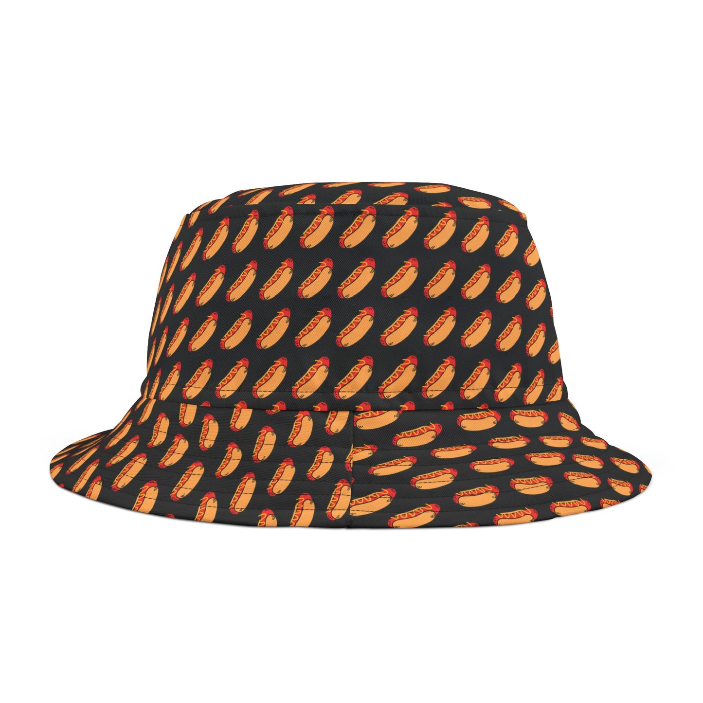 Black bucket hat with a unique hot dog design—great for grilling, fireworks, and patriotic celebrations.