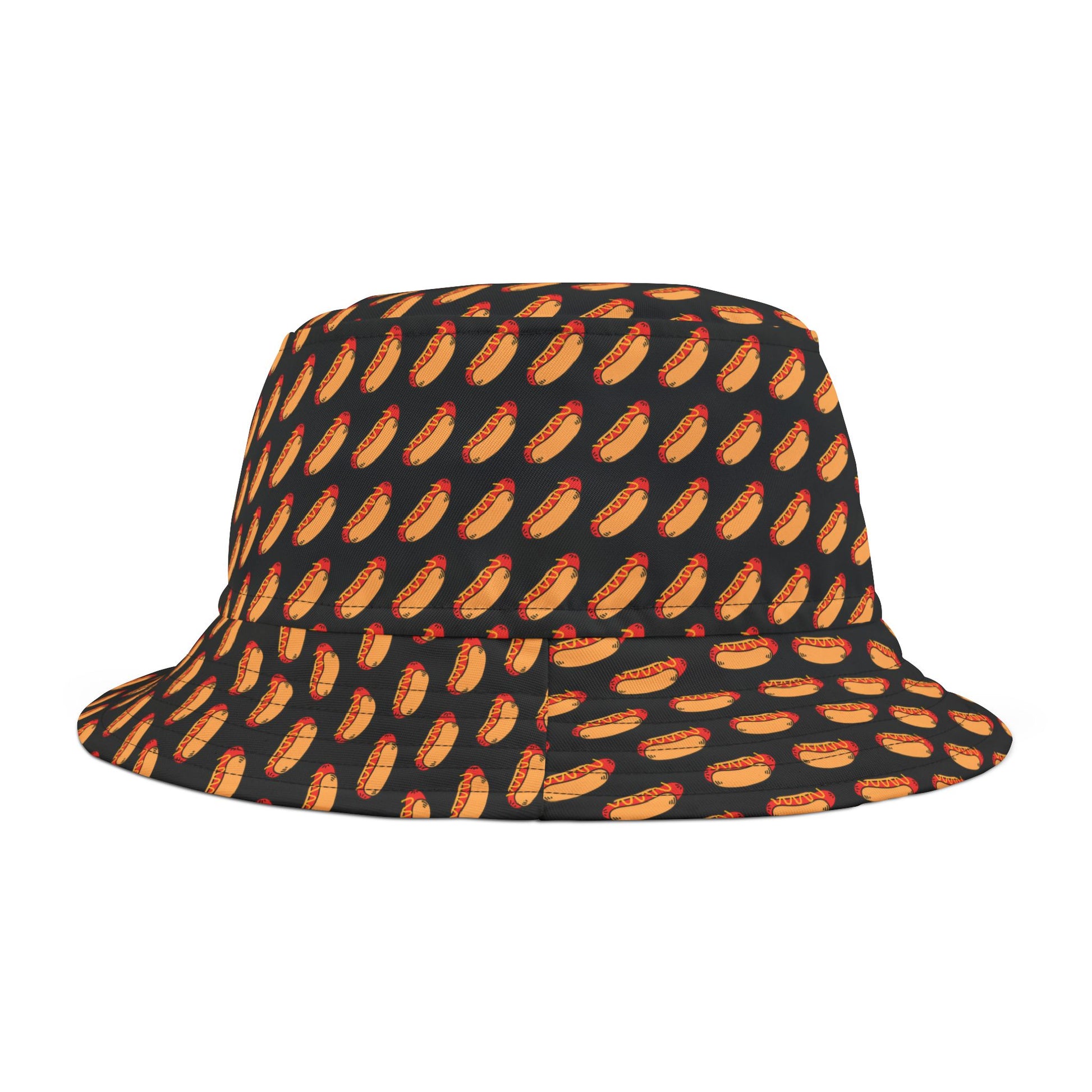 Black bucket hat with a unique hot dog design—great for grilling, fireworks, and patriotic celebrations.
