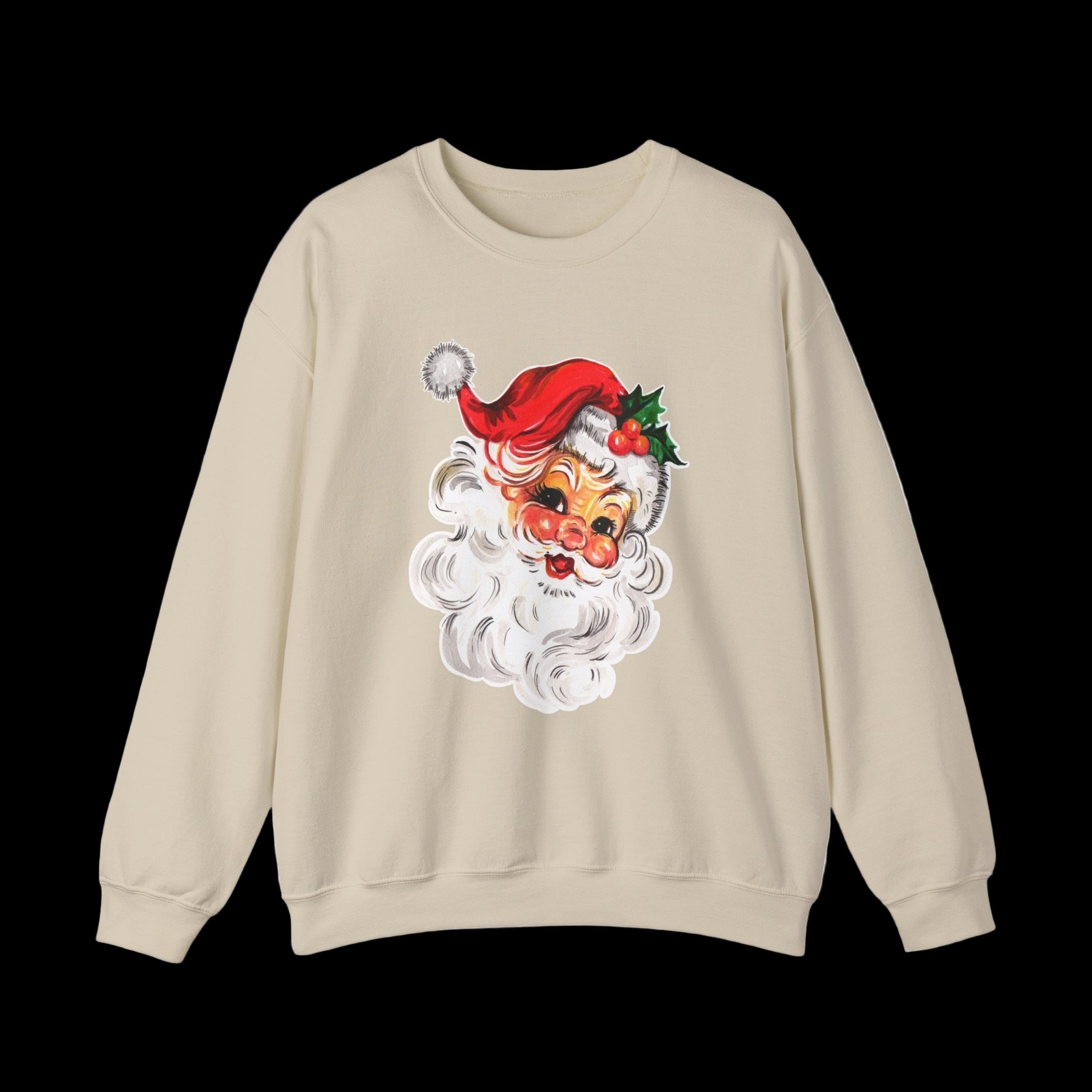Beige sweatshirt with a graphic of Santa Claus on a white background