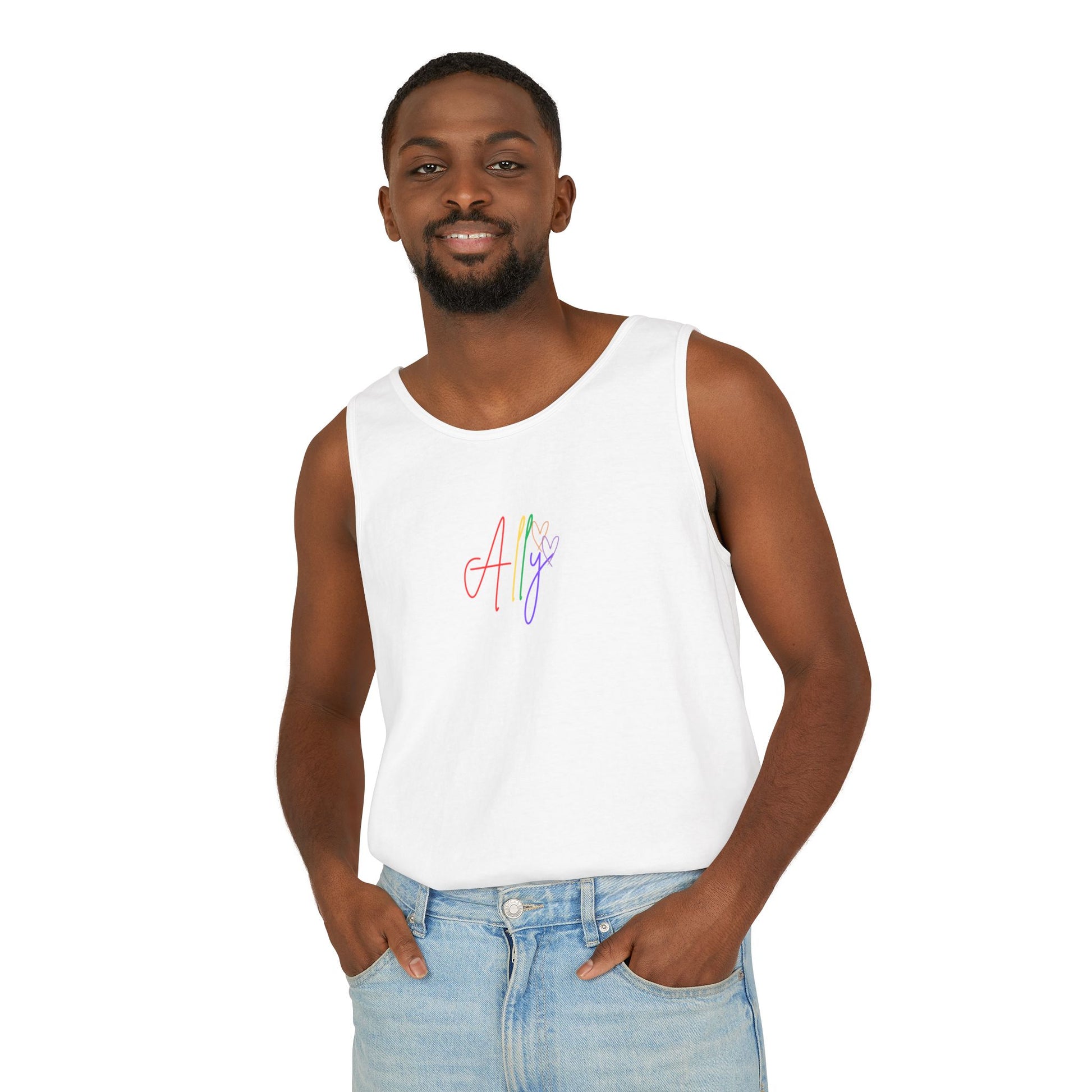 Clean & Classic White Ally Tank – A crisp white unisex tank top featuring bold rainbow cursive "Ally," making a fresh and timeless statement for LGBTQ+ pride.