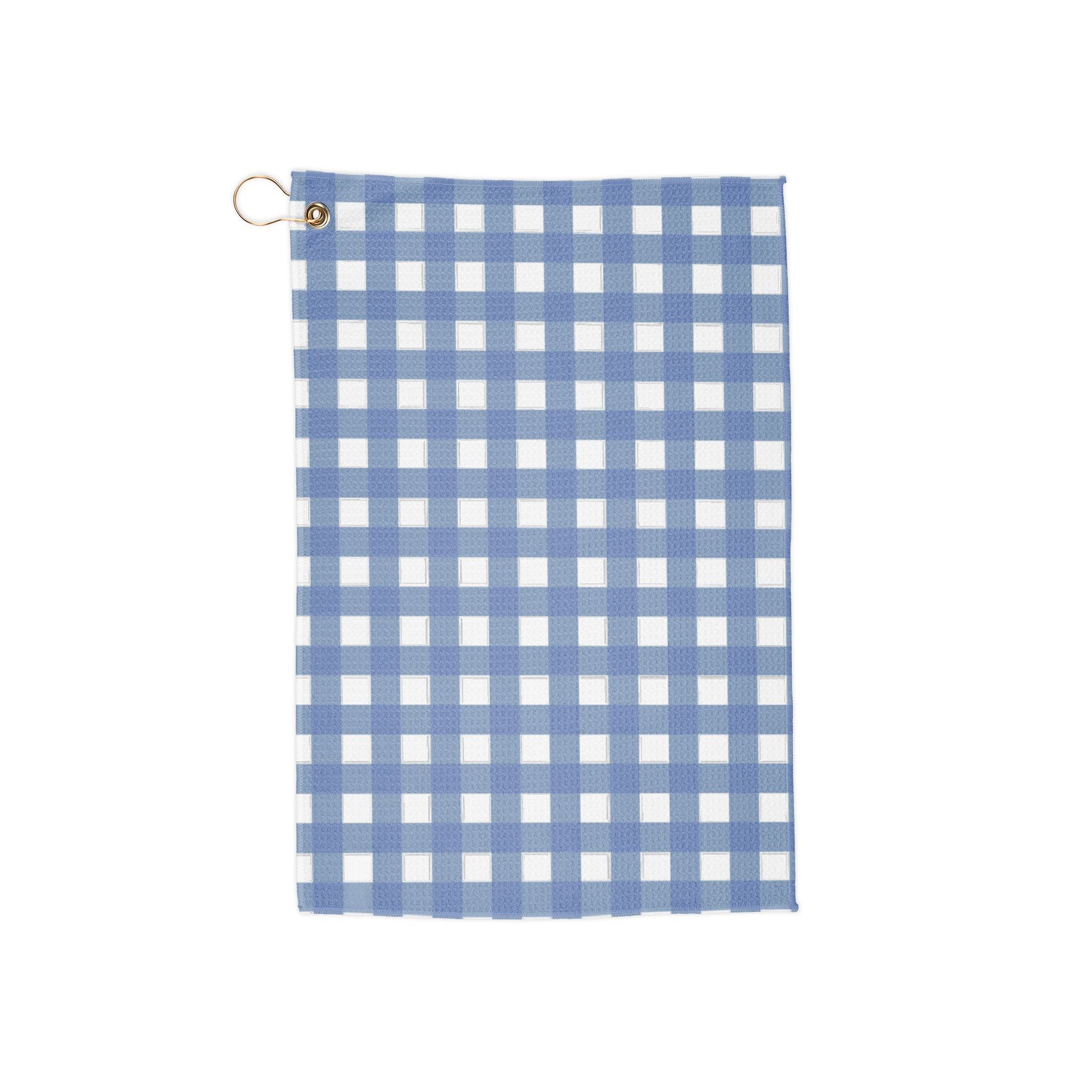 A deep cobalt blue gingham golf towel blending classic checks with striking color. A bold, crisp accessory for stylish golfers.