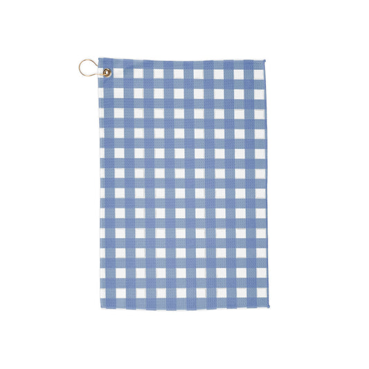 A deep cobalt blue gingham golf towel blending classic checks with striking color. A bold, crisp accessory for stylish golfers.