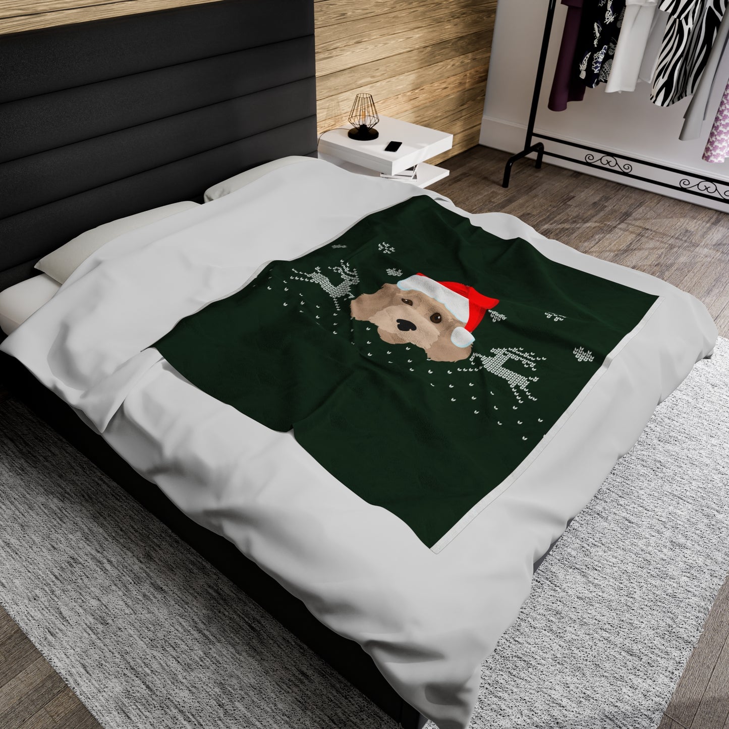 Festive Christmas blanket featuring Cockapoo in Santa hat draped over holiday sofa with twinkle lights, pillows, and cozy decor