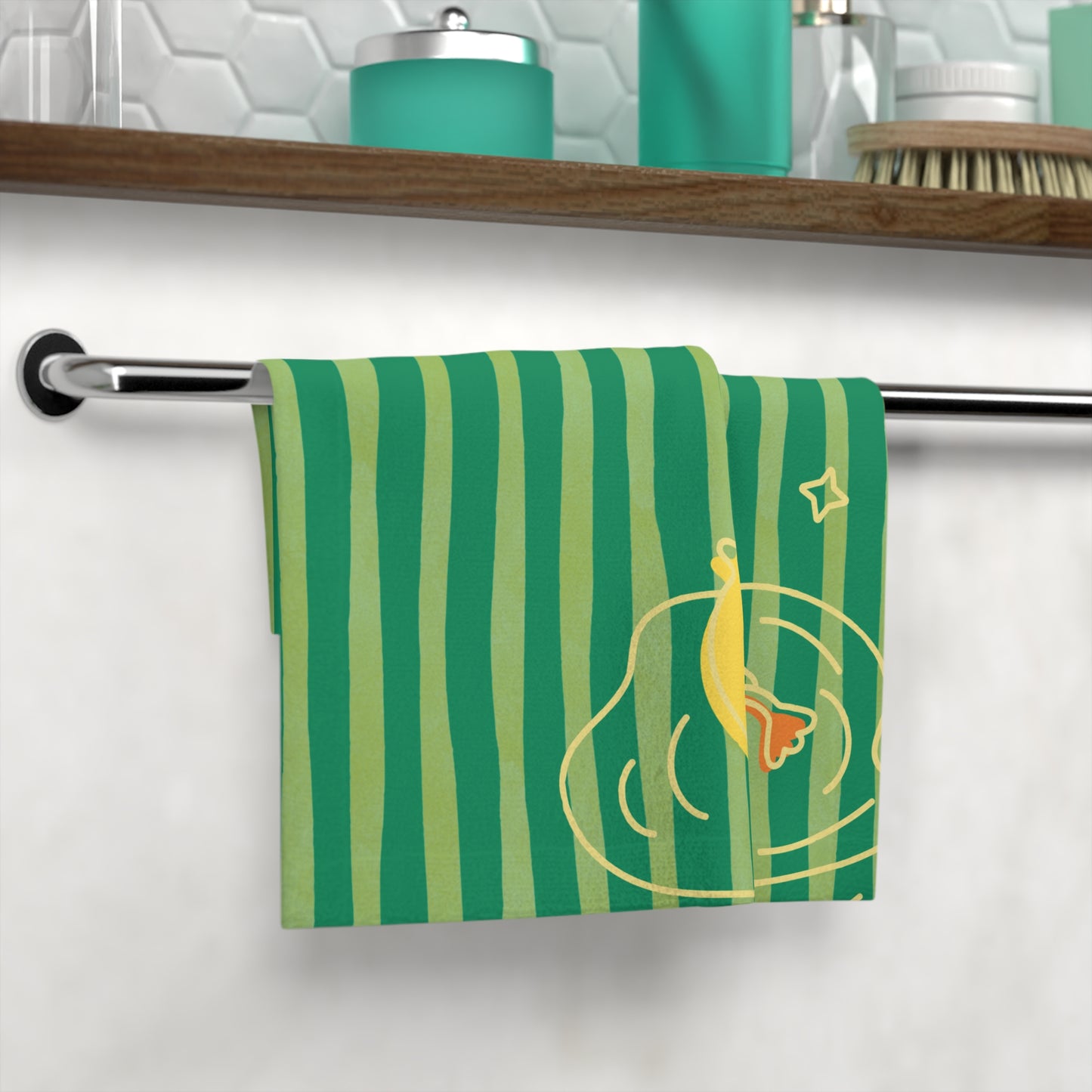 Bold student face towel with retro duck and stripe pattern, perfect for campus style