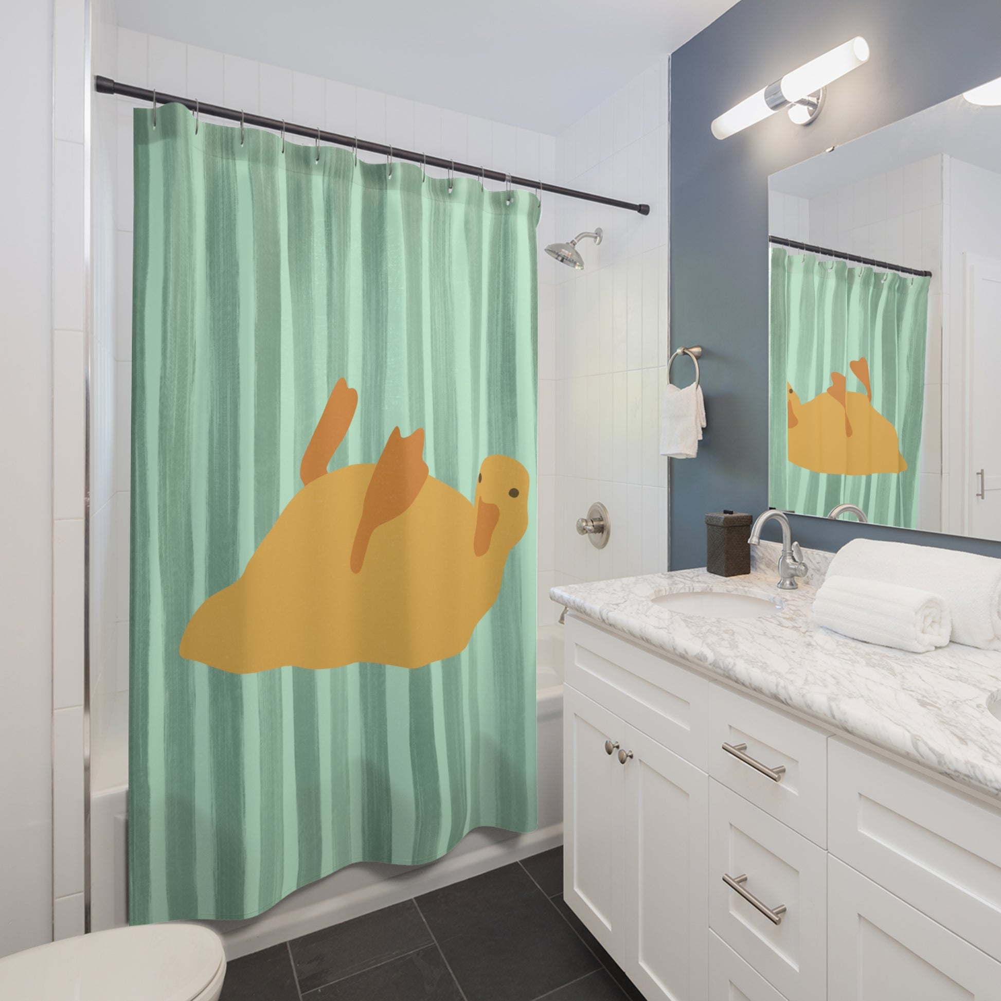 Funny student bathroom curtain with resting duck and chill vibes for campus apartments