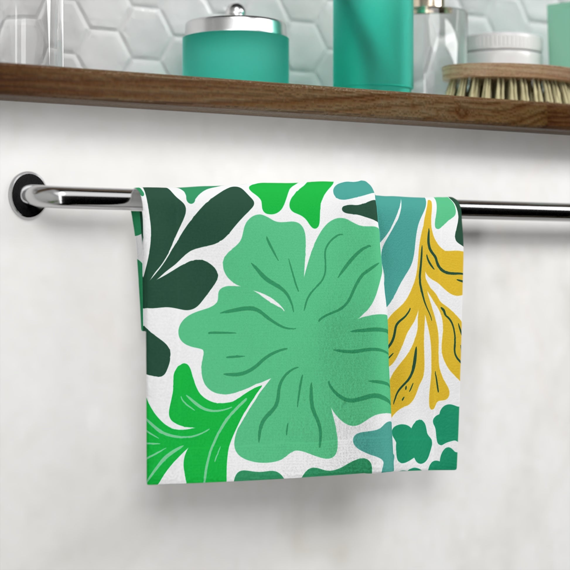 Bold floral towel in vibrant colors, perfect for student bathroom decor with a summer vibe