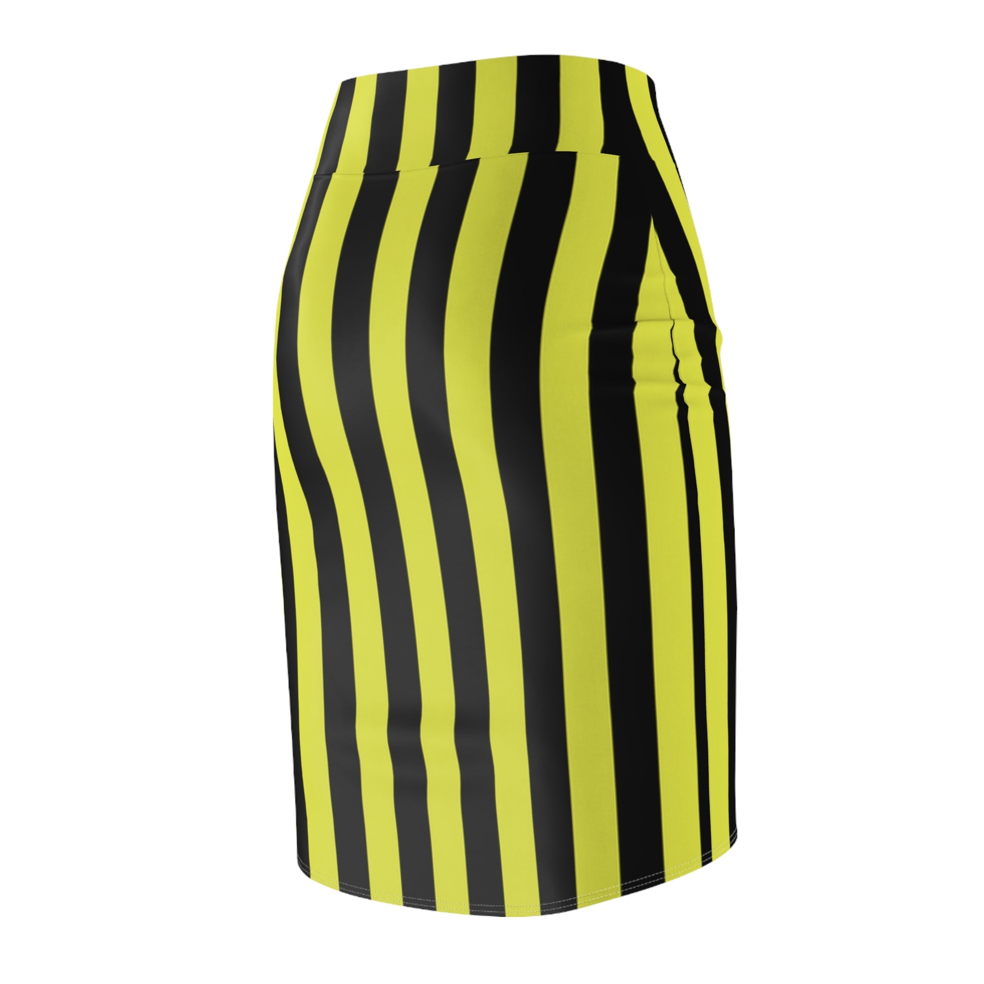 Back view of gold and black striped gameday skirt with bold vertical stripes and a flattering high-rise fit, styled for Colorado-inspired football fashion with retro tailgate flair.