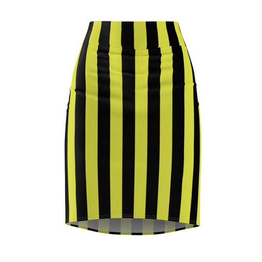Colorado-inspired gameday skirt in bold gold and black vertical stripes, styled for retro football weekend fashion with high-waist cut and flirty silhouette.