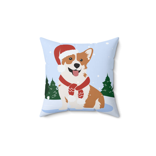 Flat lay of Christmas throw pillow with illustrated corgi in festive outfit on soft surface surrounded by seasonal props