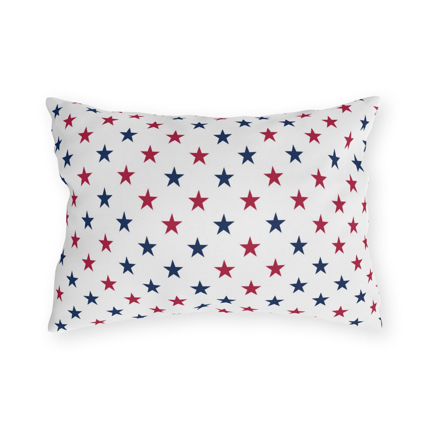 Cozy decorative rectangular pillow featuring scattered red, white, and blue stars—playful, patriotic, and great for summer celebrations.
