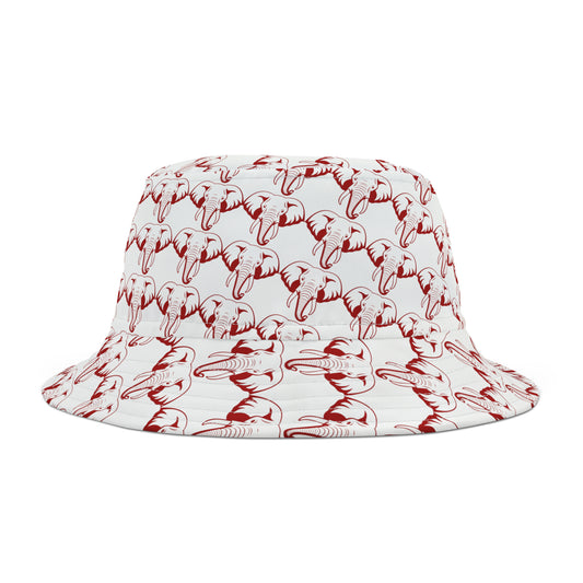 Crimson elephant-inspired bucket hat styled for Tuscaloosa gamedays—bold, breathable, and perfect for SEC tailgate fashion.