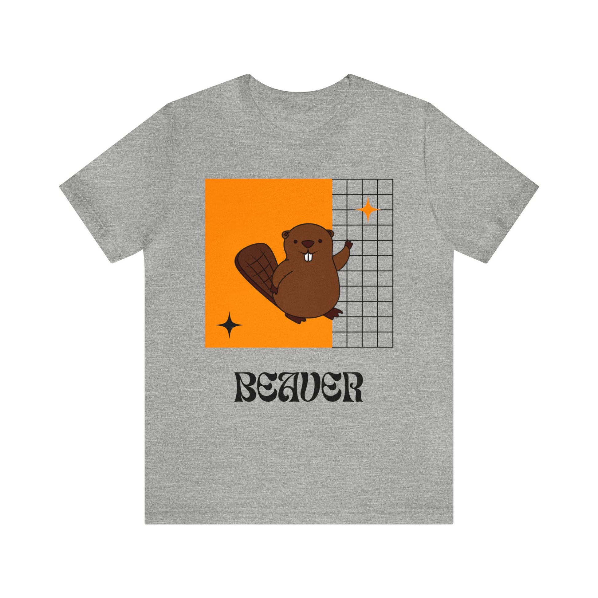 Front view of cute beaver mascot t-shirt in heather gray—soft gray tone with playful orange and black beaver illustration for Corvallis pride