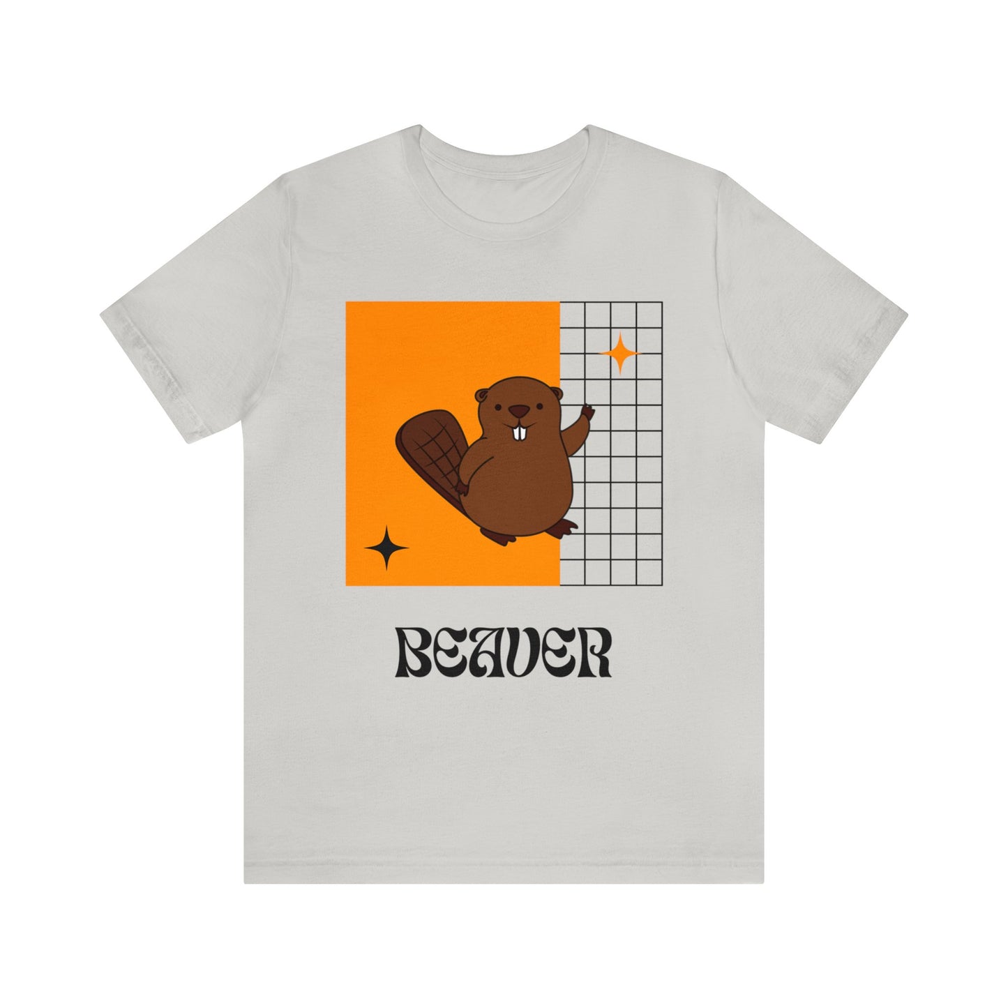 Front view of cute beaver mascot t-shirt in silver—light neutral shirt with bold black and orange mascot graphic made for tailgates