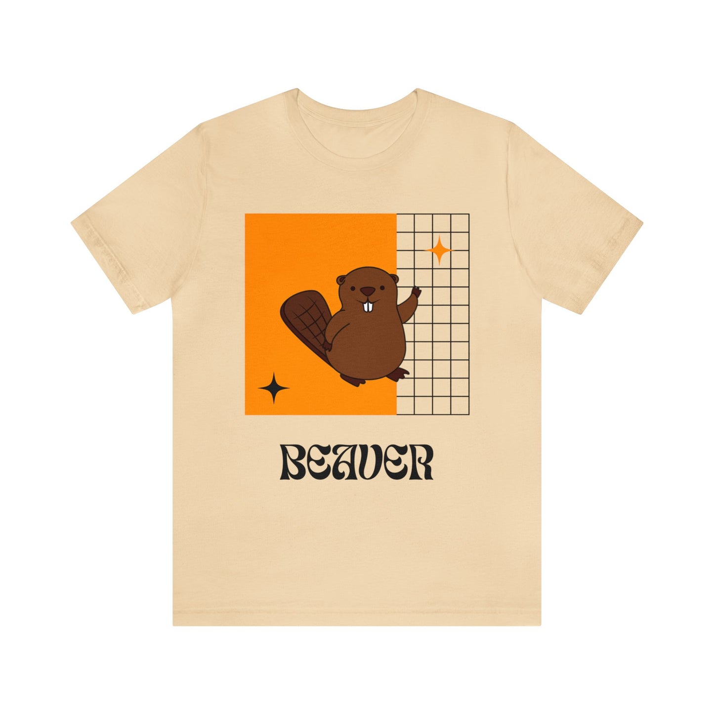 Front view of cute beaver mascot t-shirt in soft cream—light beige base featuring cheeky retro beaver artwork for Oregon State style