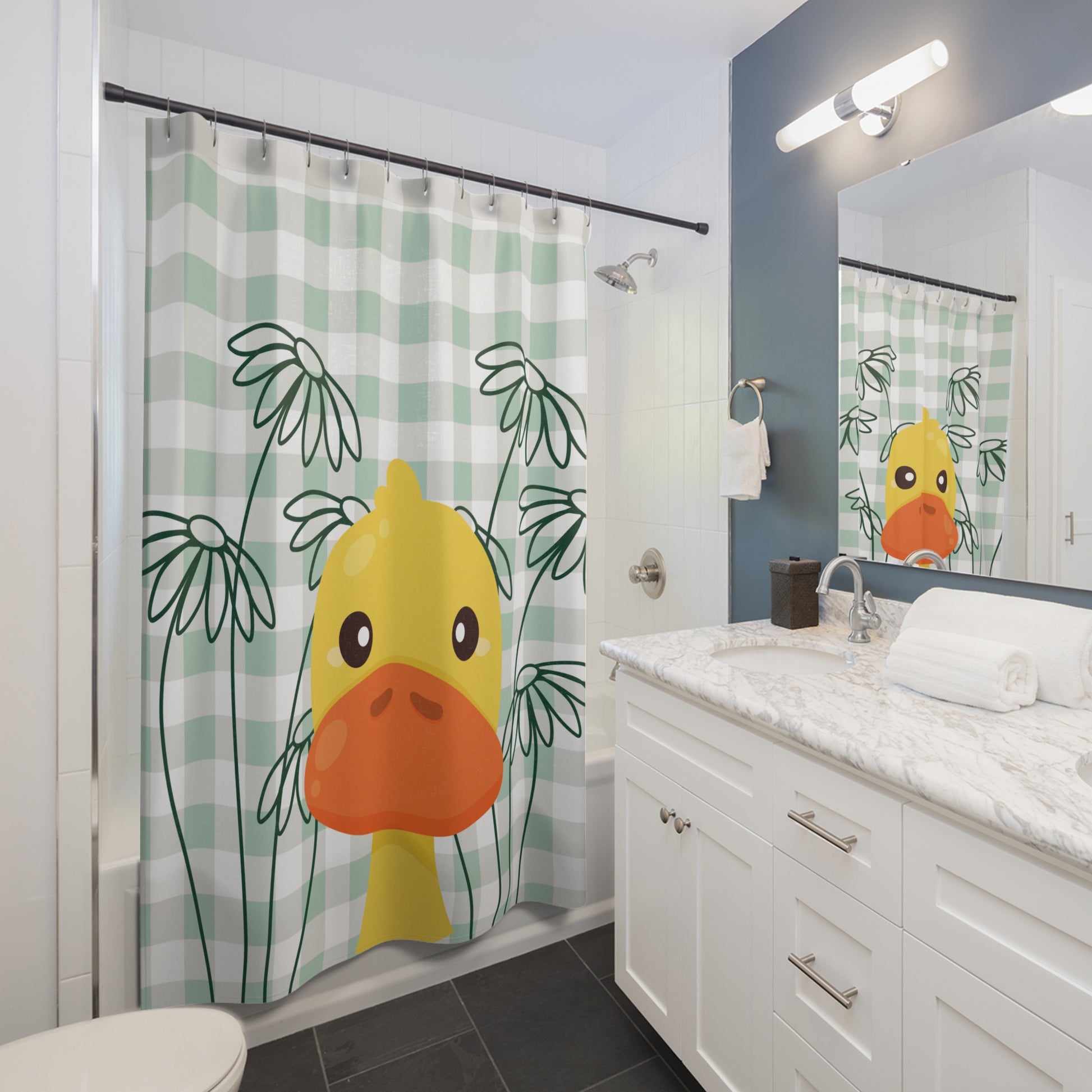 Retro duck-themed bathroom decor featuring floral pattern and gingham print, perfect for students