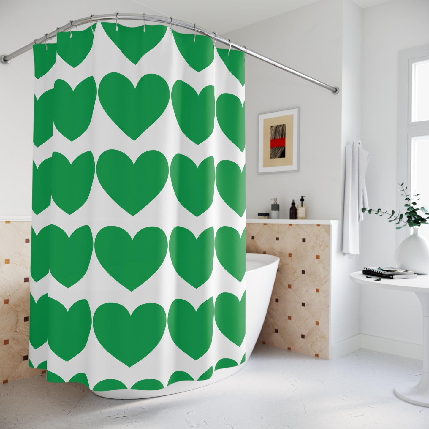 Bold and playful student bathroom decor featuring oversized hearts in soft green