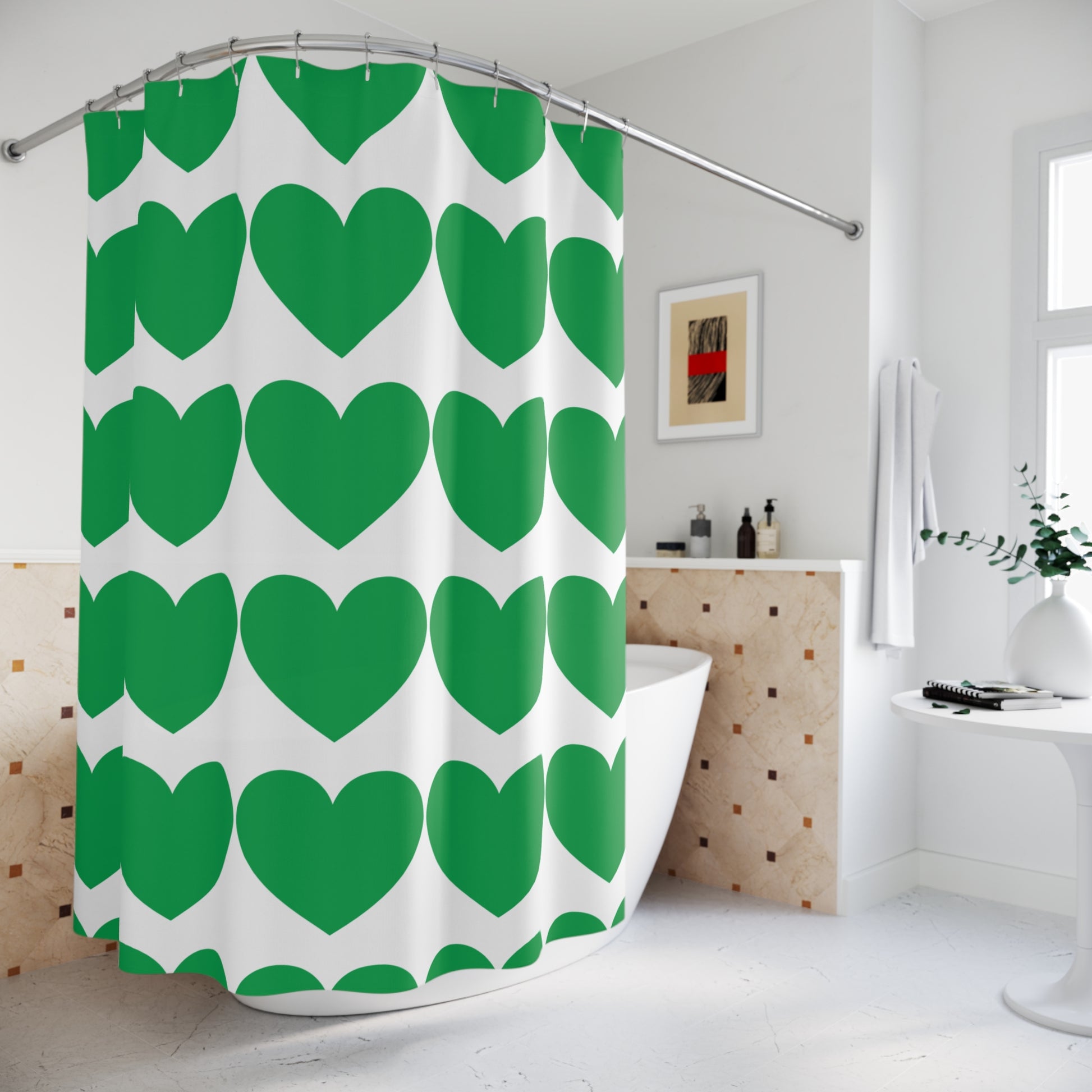 Bold and playful student bathroom decor featuring oversized hearts in soft green