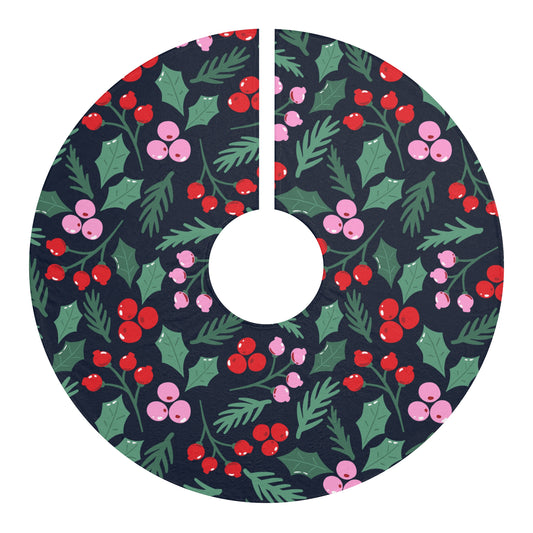 Cute Christmas holly tree skirt in bright blue, pink, and multicolor under decorated holiday tree
