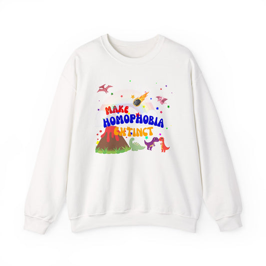 Bright white crewneck sweatshirt with playful dinosaurs and “Make Homophobia Extinct” message—modern, confident, and full of LGBTQ+ pride.