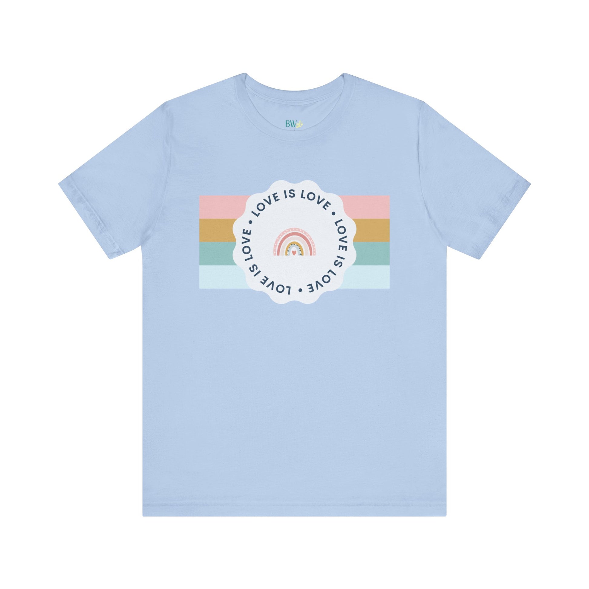 Soft light blue T-shirt featuring bold “Love Is Love” text in vibrant rainbow colors—expressive, stylish, and perfect for celebrating LGBTQ+ pride.
