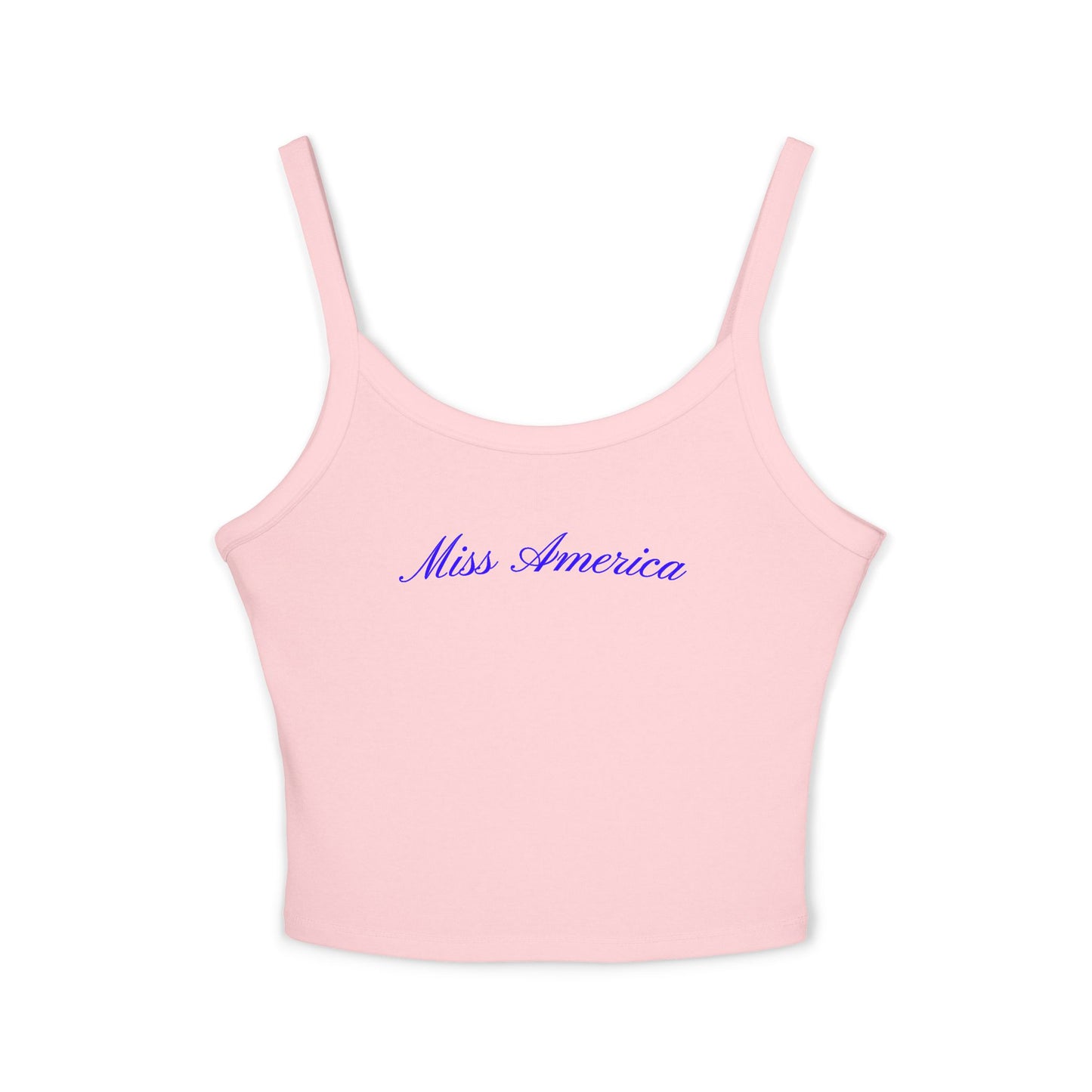 Trendy baby pink tank top showcasing blue cursive “Miss America” text—cute, comfortable, and ideal for summer celebrations.