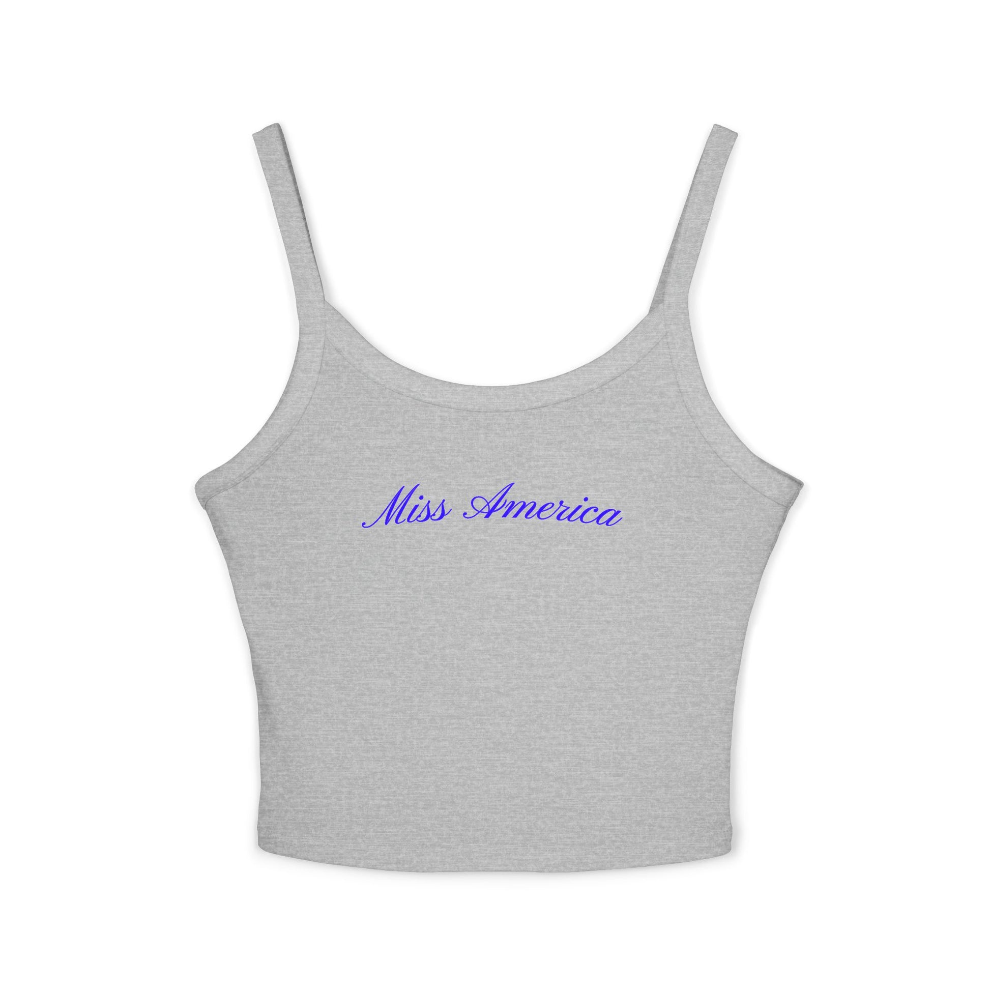 Trendy light gray tank top showcasing blue cursive “Miss America” text—cute, comfortable, and ideal for summer celebrations.
