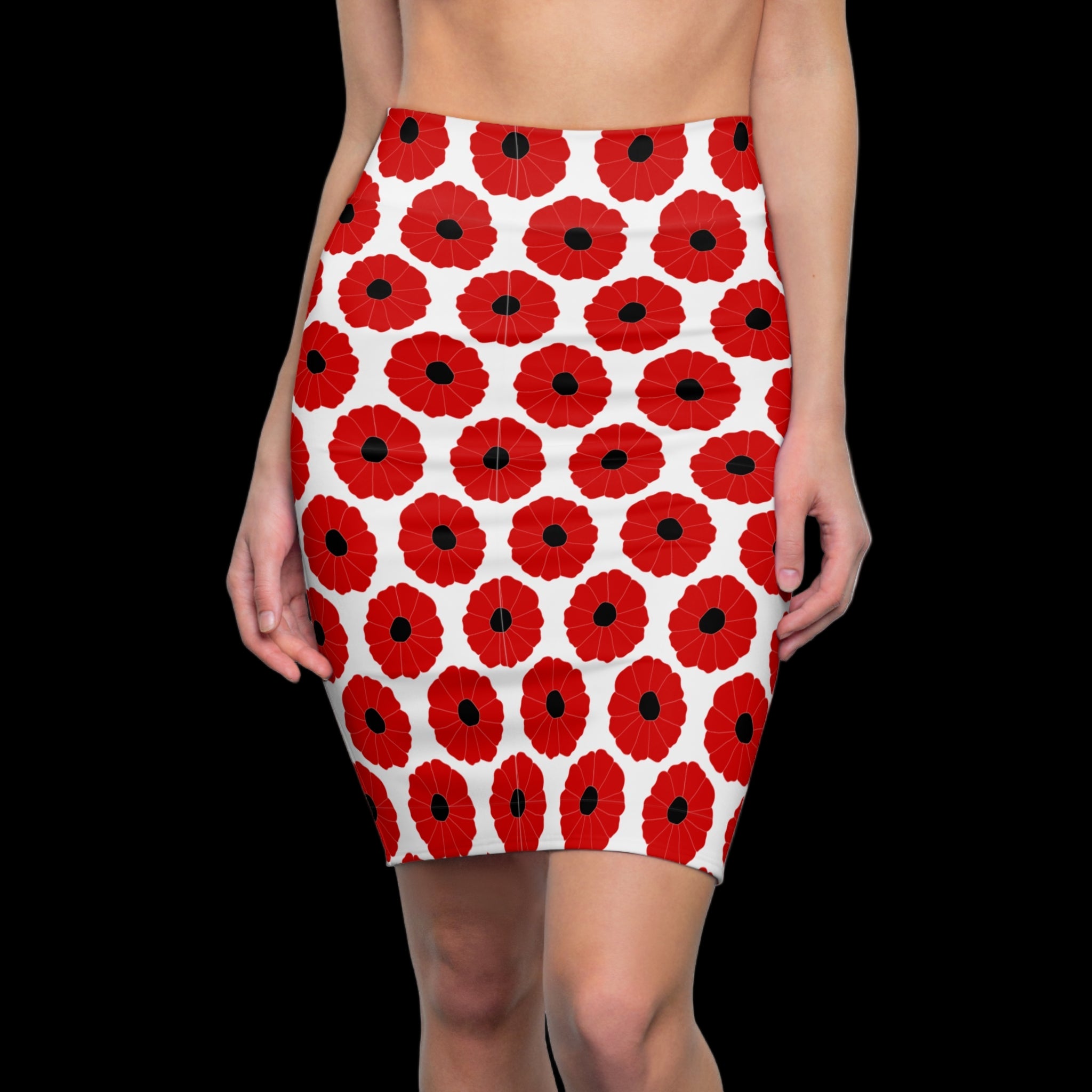 Front view of cute retro floral skirt with red and black print—flirty fit styled for Southern California tailgate fashion