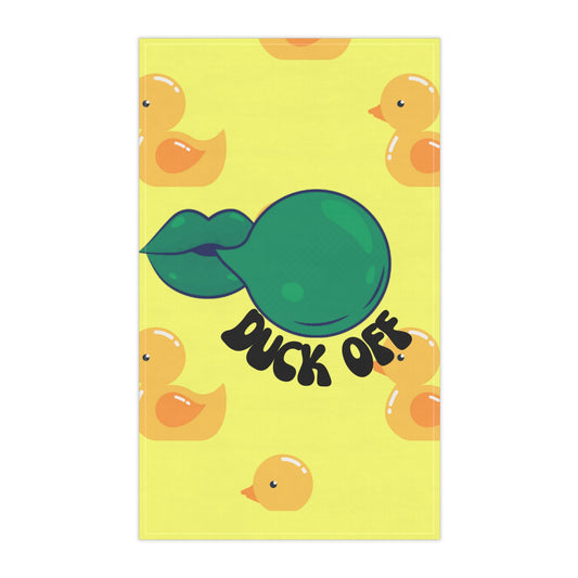 Cute Yellow Duck "Duck Off" Towel featuring a playful duck graphic and bold text, perfect for beach days and game-day fun.