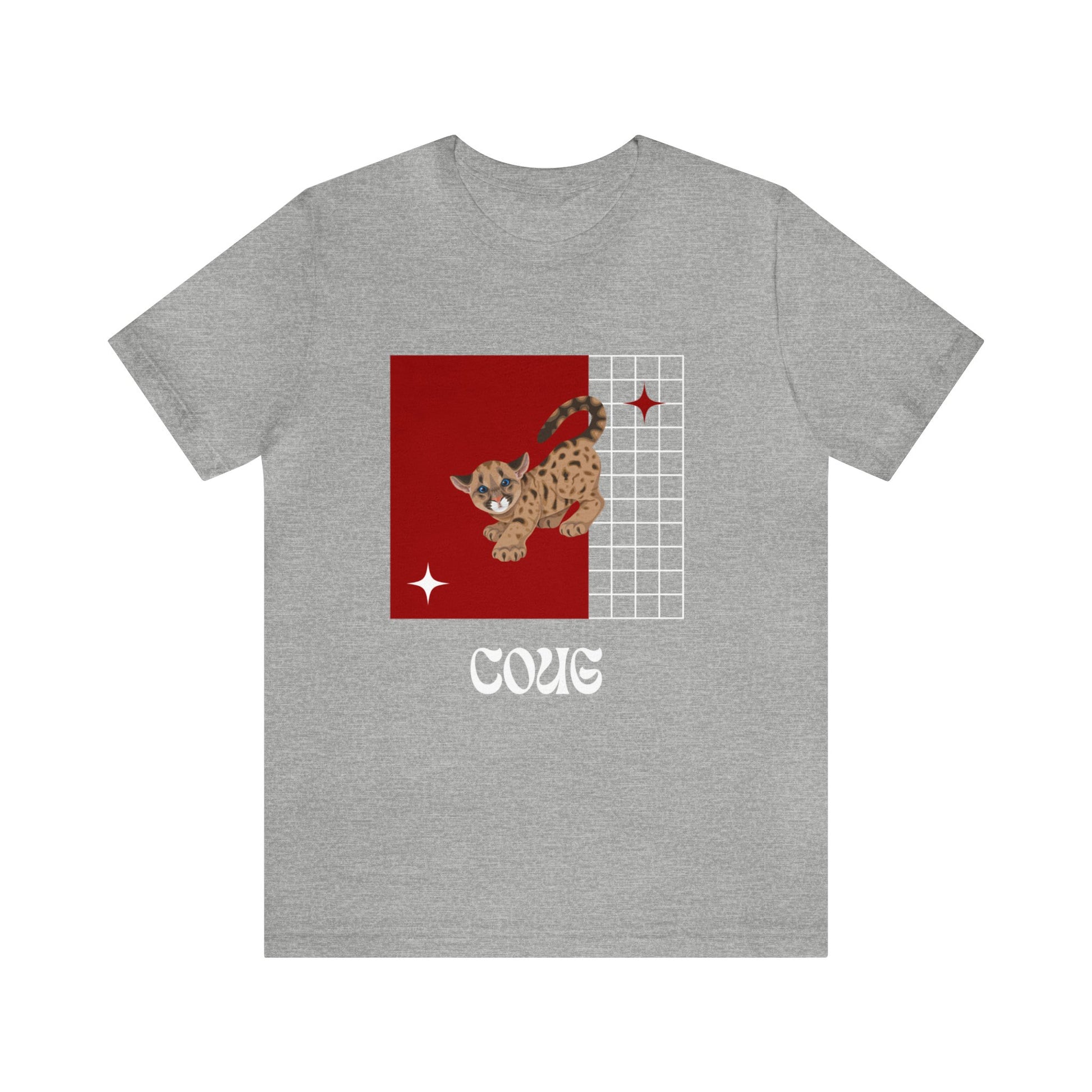 Front view of Cutie Coug mascot t-shirt in athletic heather—light gray base with playful crimson and gray cougar graphic for Wazzu spirit