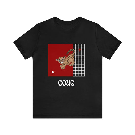 Front view of Cutie Coug mascot t-shirt in black—retro crimson and gray cougar graphic styled for Washington State gameday fans