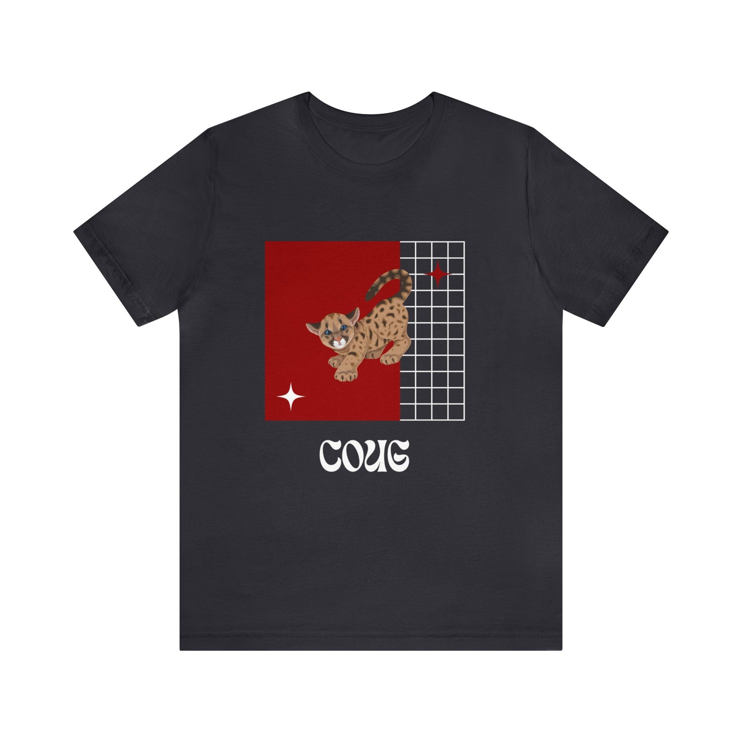 Front view of Cutie Coug mascot t-shirt in dark gray—moody neutral tone with retro-style cougar graphic in crimson and gray