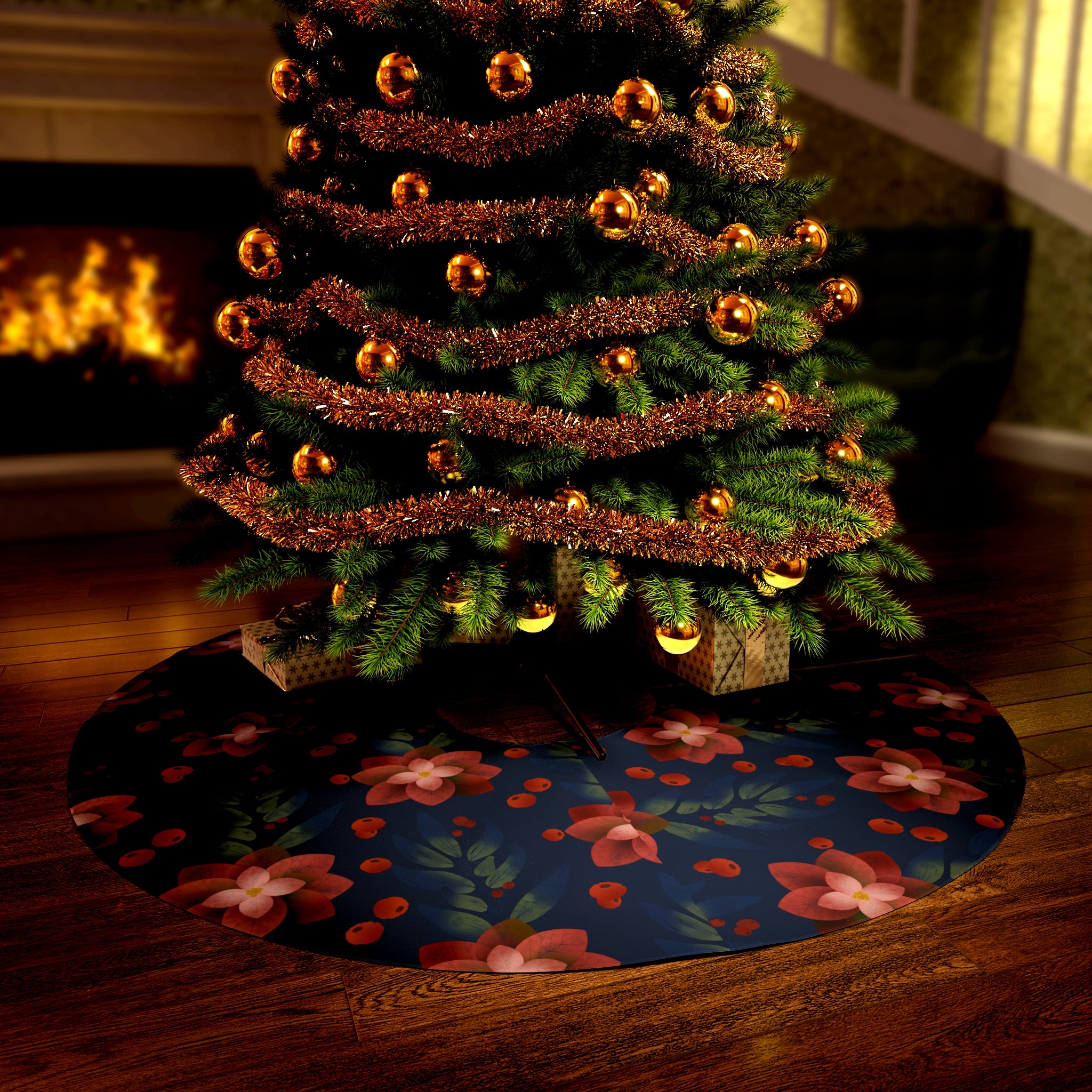 Dark blue Christmas tree skirt with silver poinsettia embroidery styled under a decorated holiday tree in an elegant living room"