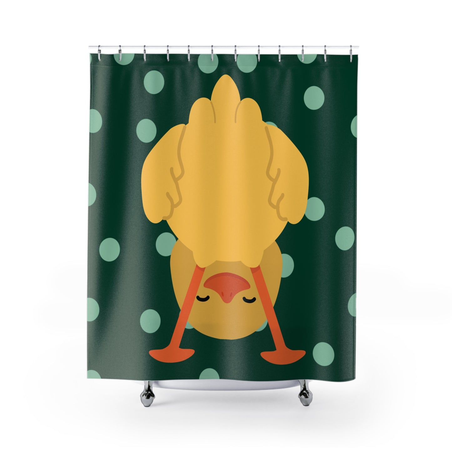 Dark green shower curtain with mint polka dots and upside-down duck design for college dorm bathrooms