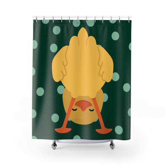 Dark green shower curtain with mint polka dots and upside-down duck design for college dorm bathrooms