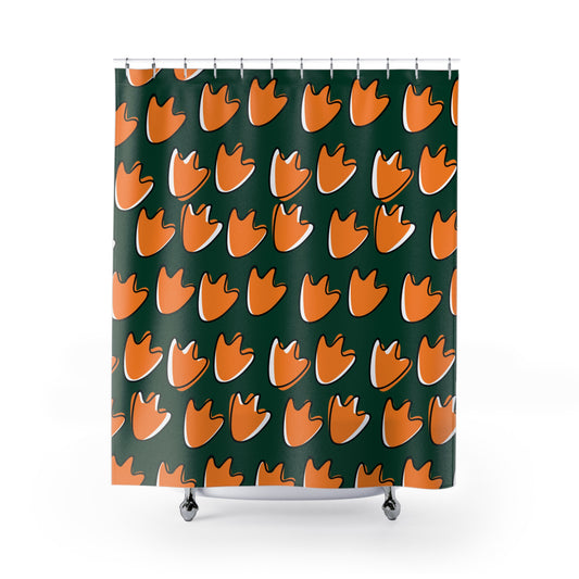 Dark green shower curtain with retro webfoot duck design for college dorm bathrooms