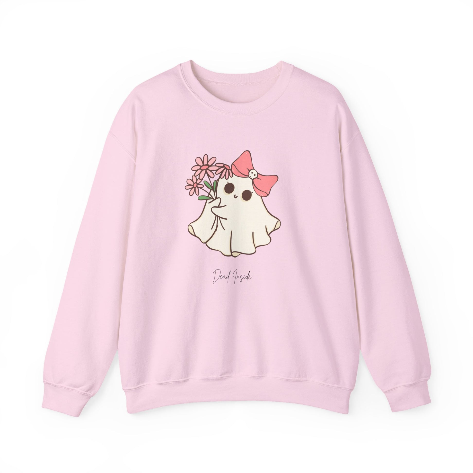Pink Halloween sweatshirt with ghost and flower graphic and “dead inside” message, styled for cozy spooky season looks.