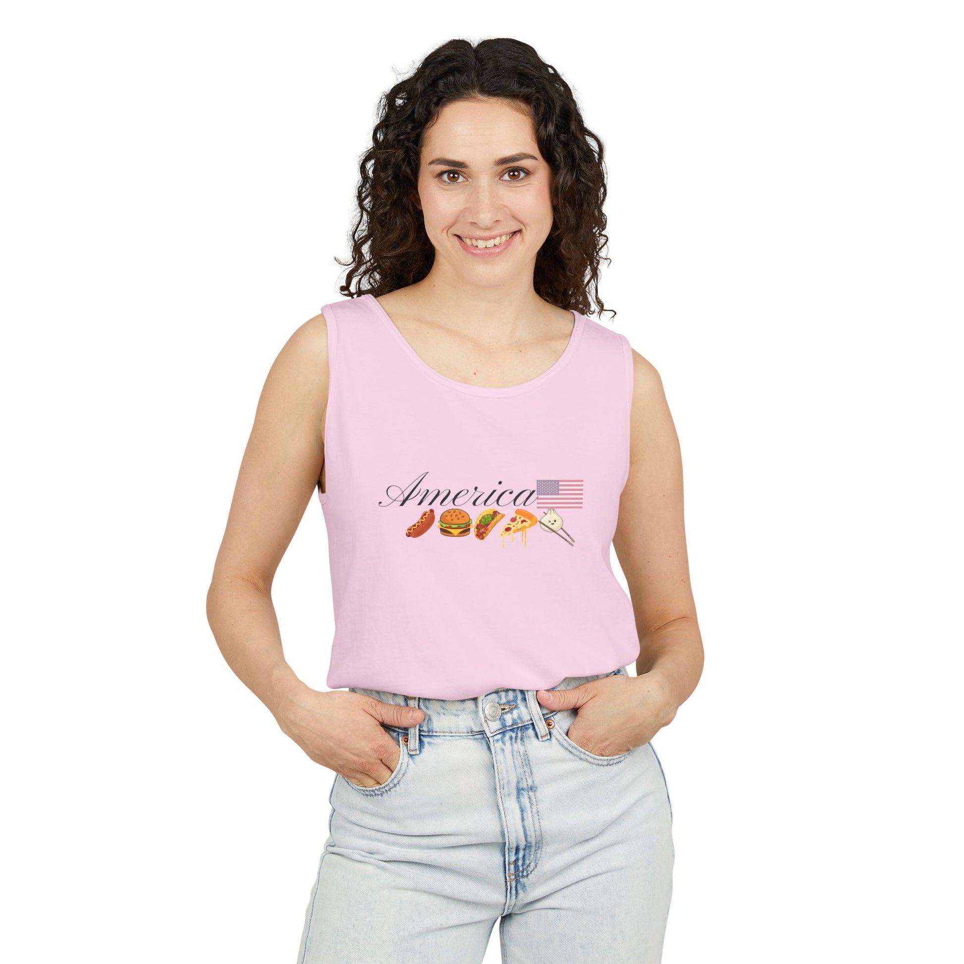Diverse american fourth of july united by food pink tank